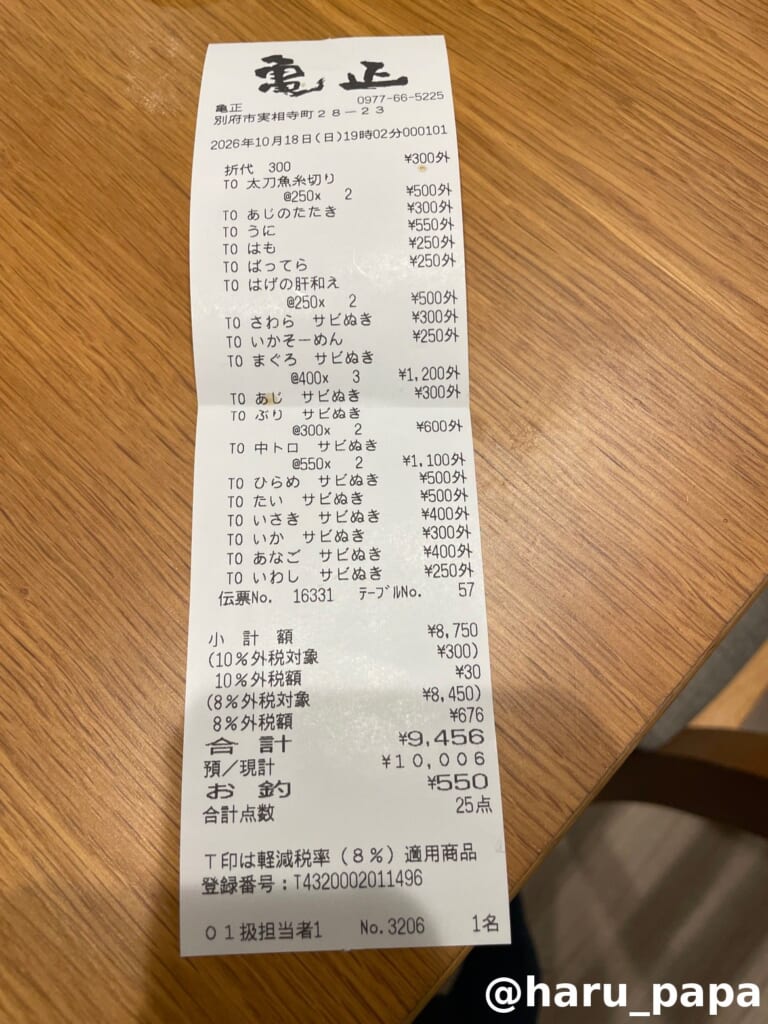 亀正くるくる寿司の持ち帰りレシート